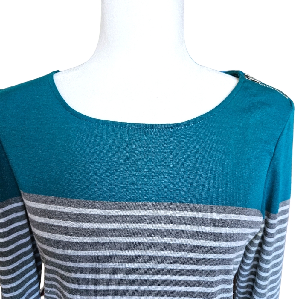 Reitmans stripped top tee sweater cowl neck one-shoulder zip long sleeve L - Picture 9 of 15